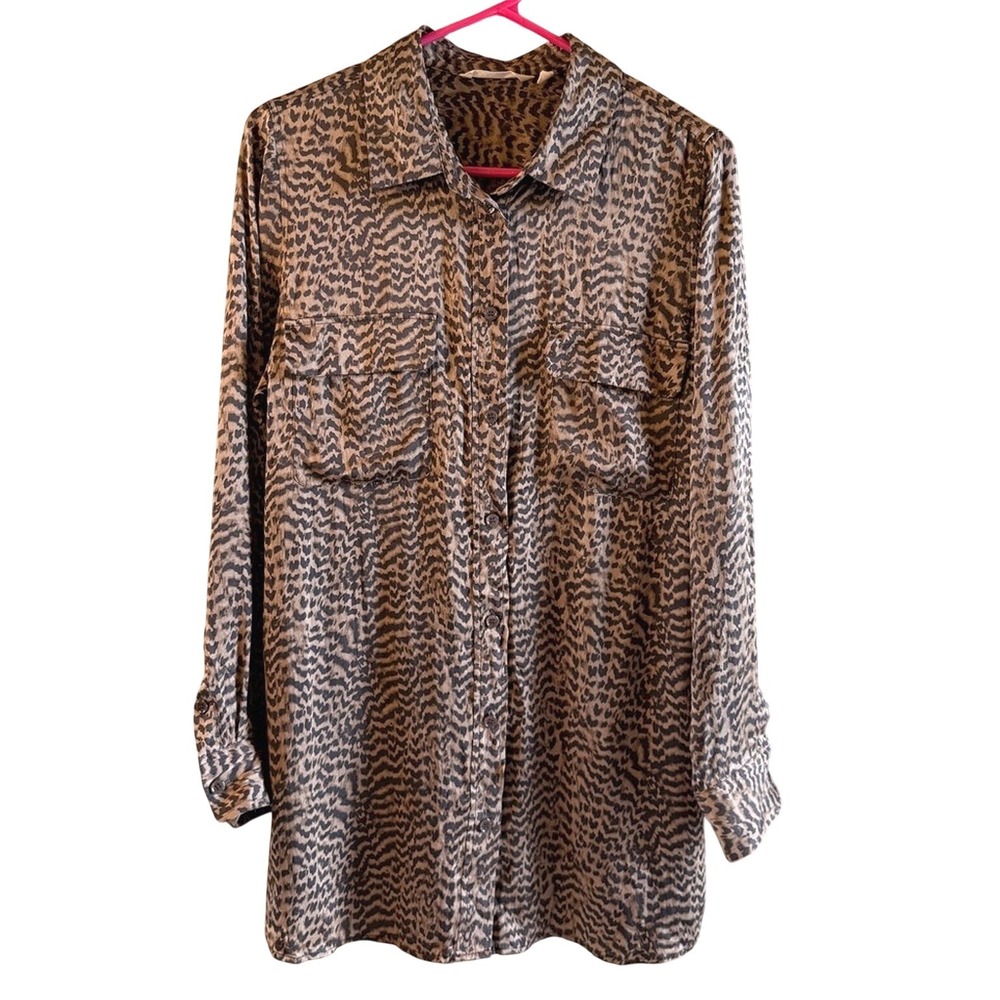 Soft Surroundings Sz Medium Women's Animal Print Tunic Button Down Satin Top